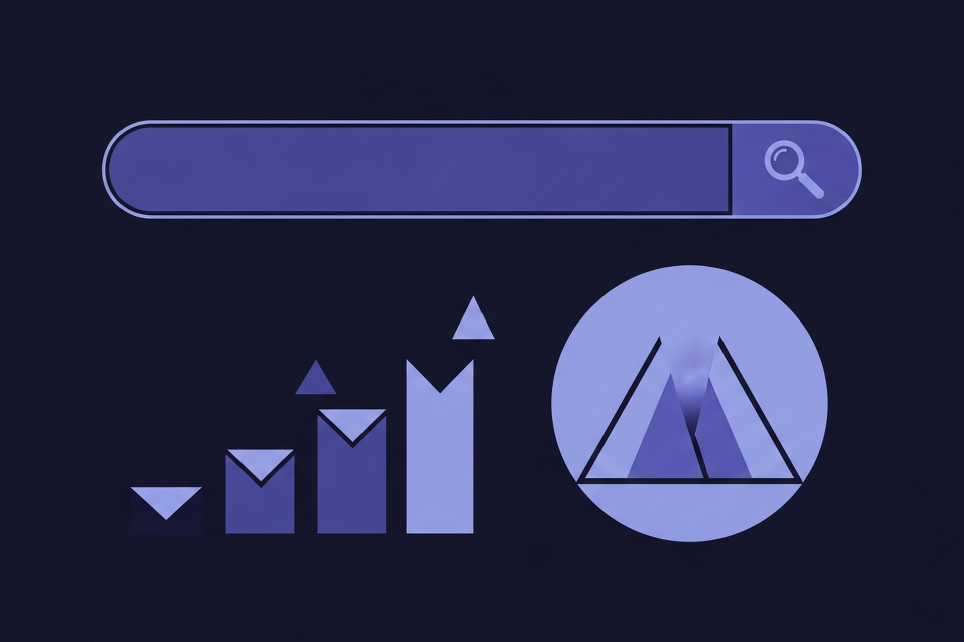 Abstract geometric search bar and business growth icons in indigo and periwinkle blue on a dark navy background