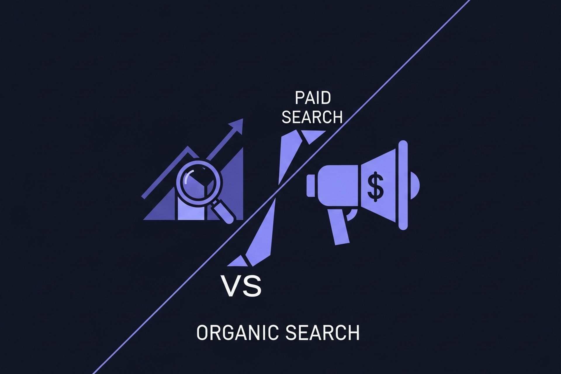 Abstract geometric split comparison chart with organic and paid search icons in indigo and periwinkle blue on a dark navy background