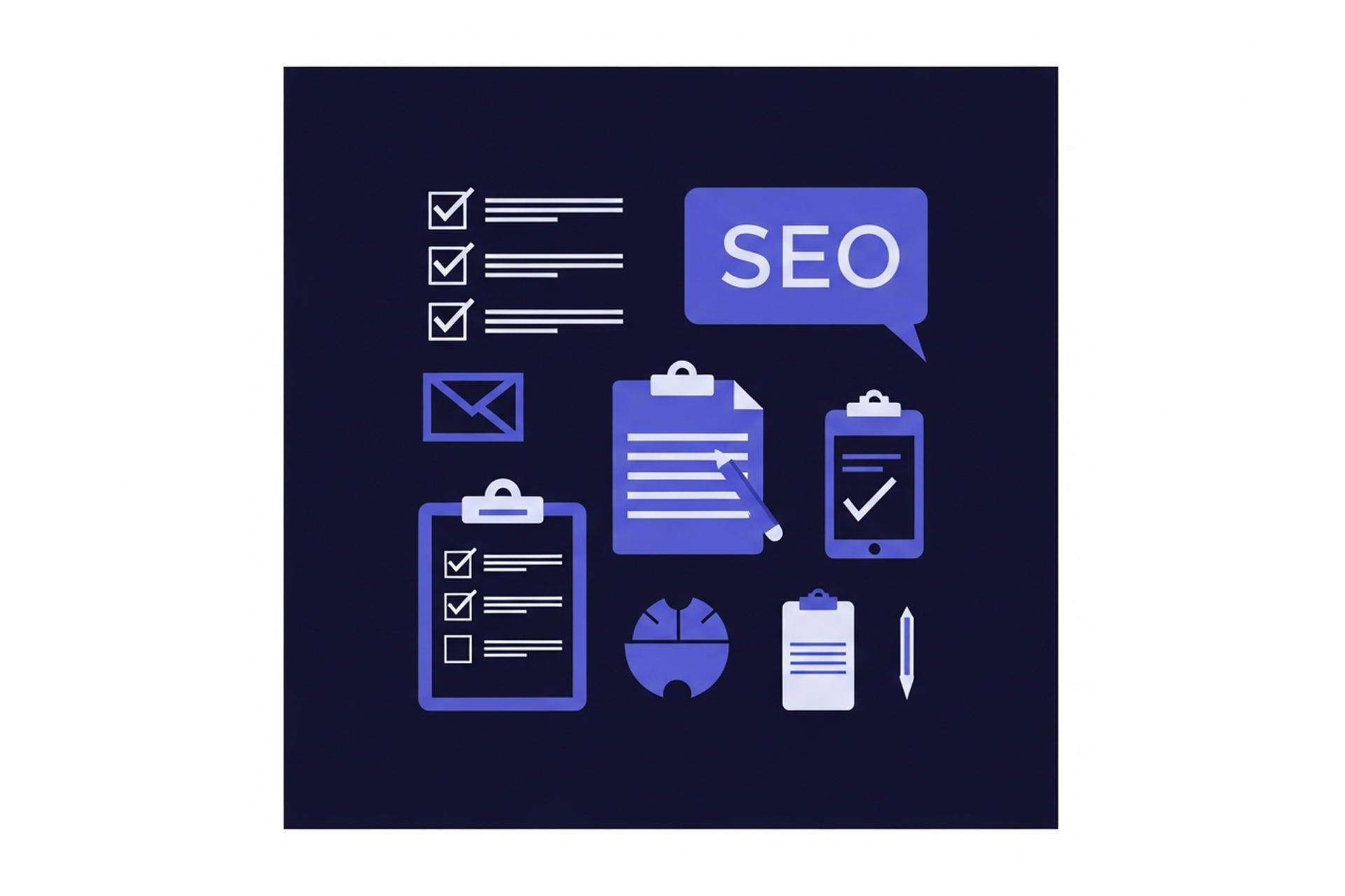 Abstract geometric checklist and site architecture icons in indigo and periwinkle blue on a dark navy background