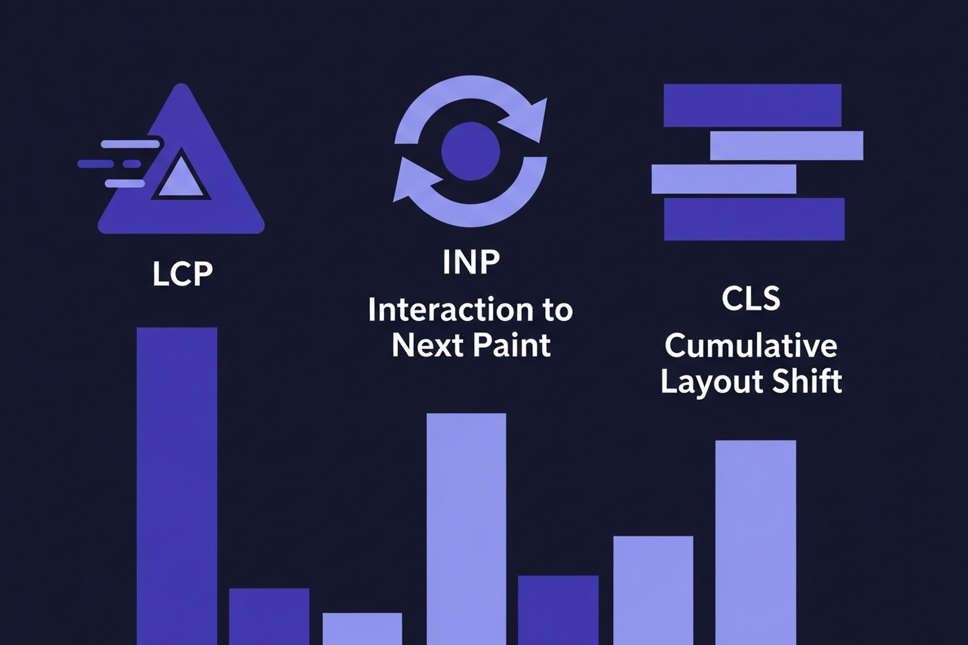 Abstract geometric performance metrics chart with LCP, INP, and CLS indicator icons in indigo and periwinkle blue on a dark navy background