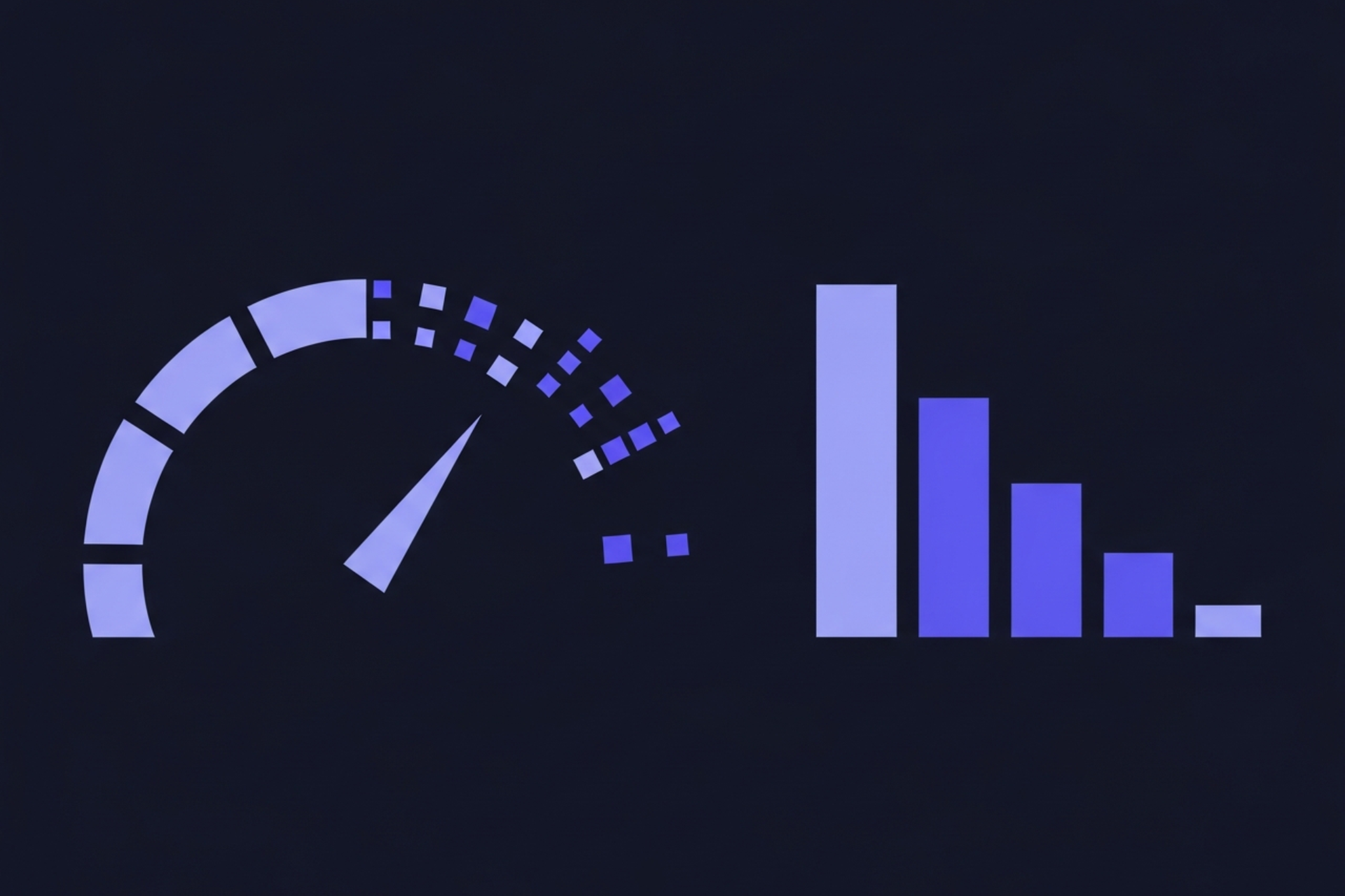 Abstract geometric speedometer and search ranking chart icons in indigo and periwinkle blue on a dark navy background