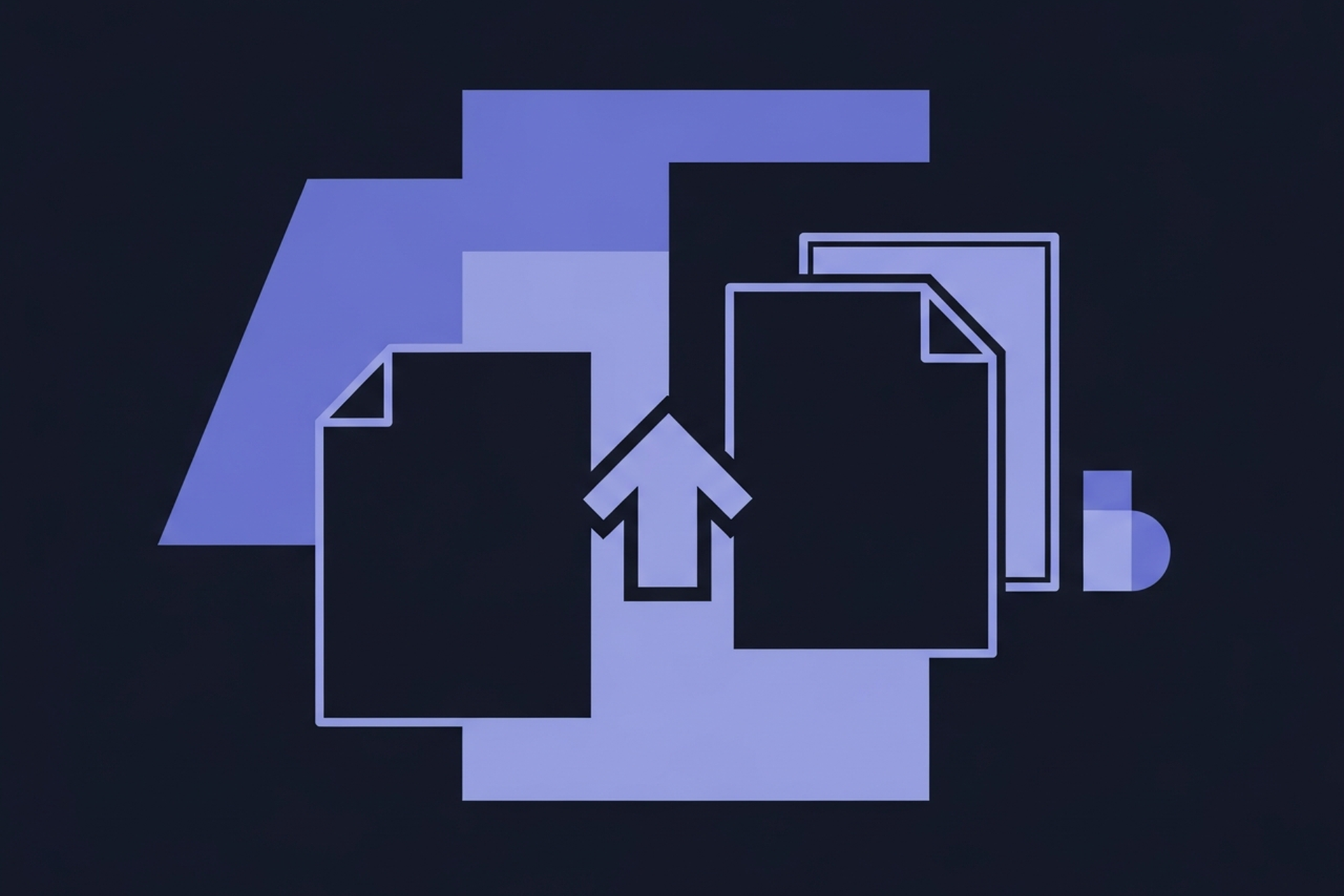 Abstract geometric duplicate page and canonical arrow icons in indigo and periwinkle blue on a dark navy background