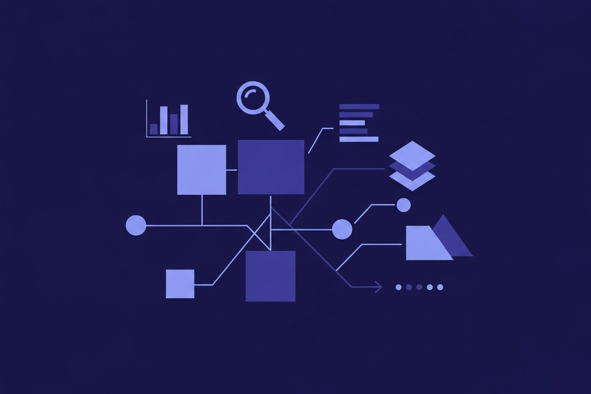 Abstract geometric website hierarchy and link flow diagram icons in indigo and periwinkle blue on a dark navy background