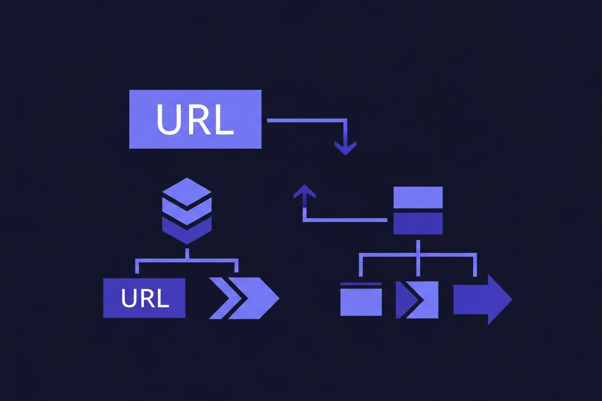 Abstract geometric URL path and hierarchy icons in indigo and periwinkle blue on a dark navy background