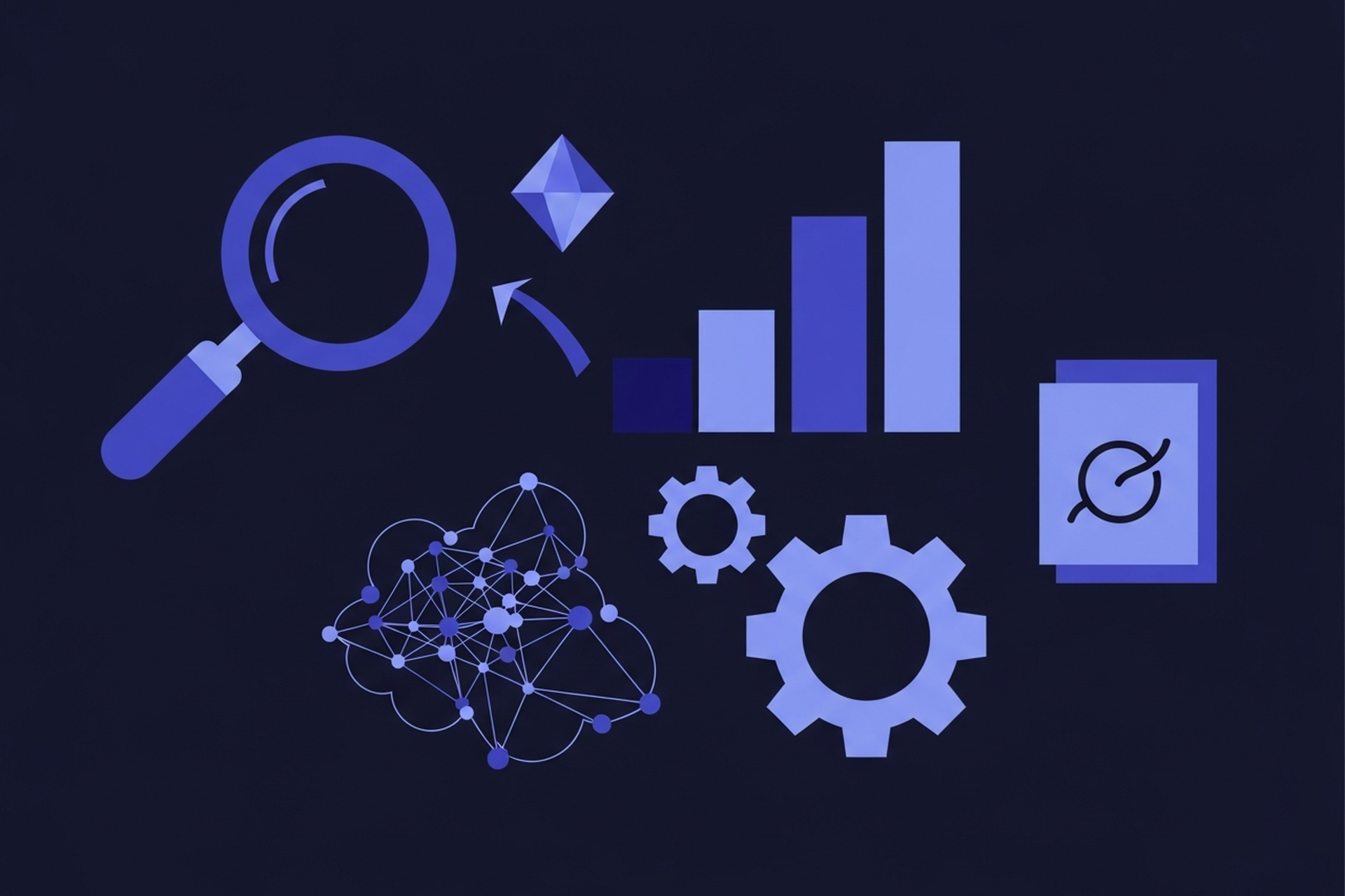 Abstract geometric keyword tool and research interface icons in indigo and periwinkle blue on a dark navy background