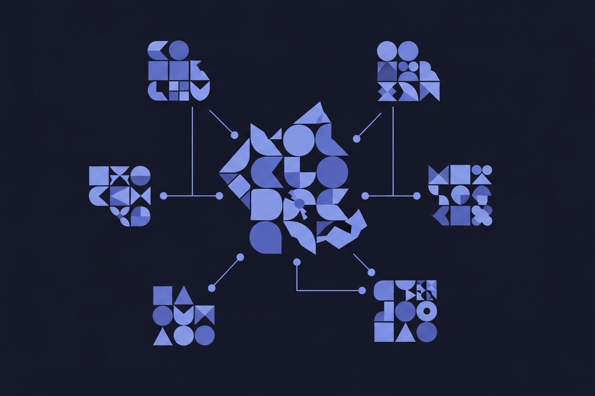 Abstract geometric keyword cluster map and topic grouping icons in indigo and periwinkle blue on a dark navy background
