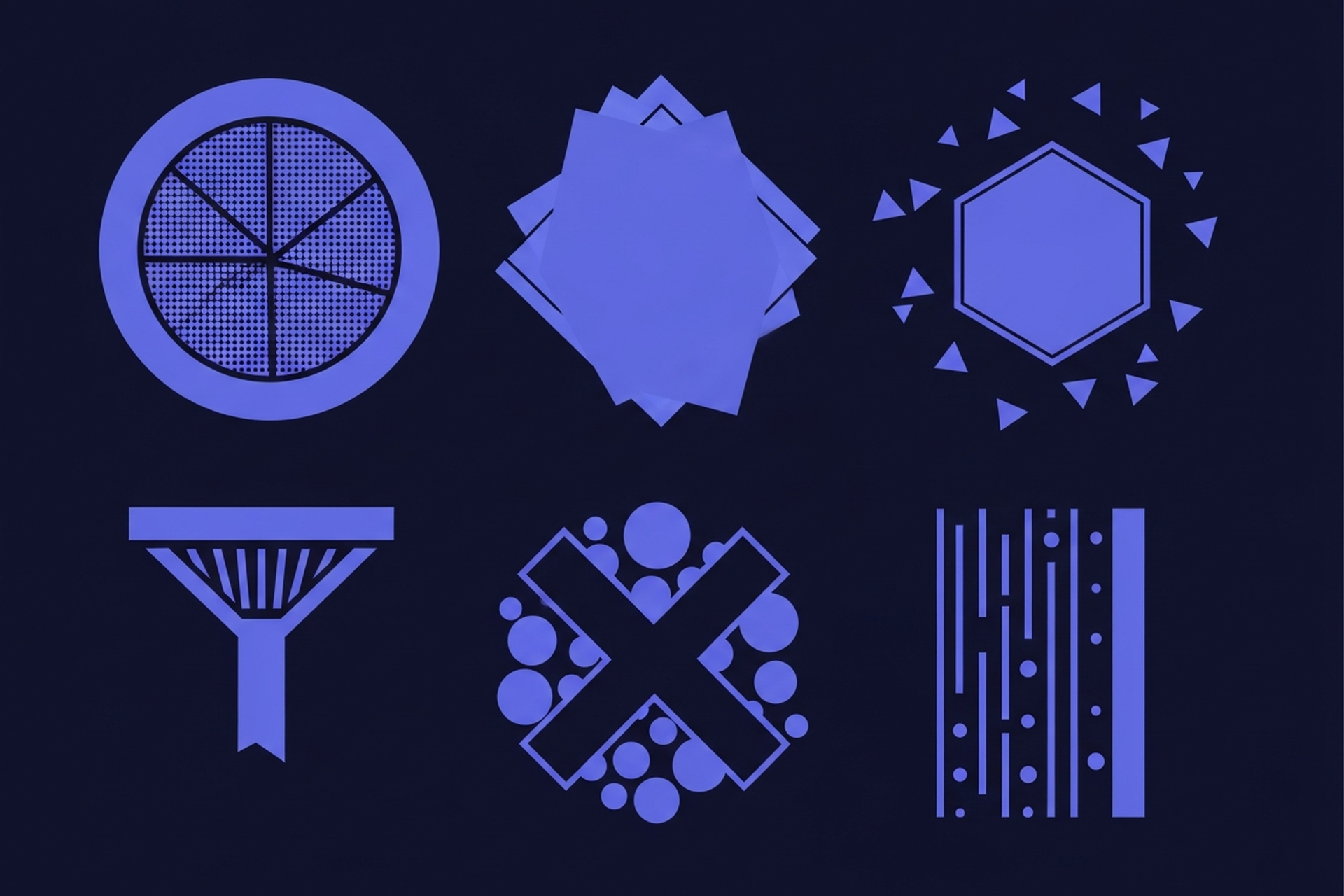 Abstract geometric keyword filter and exclusion icons in indigo and periwinkle blue on a dark navy background