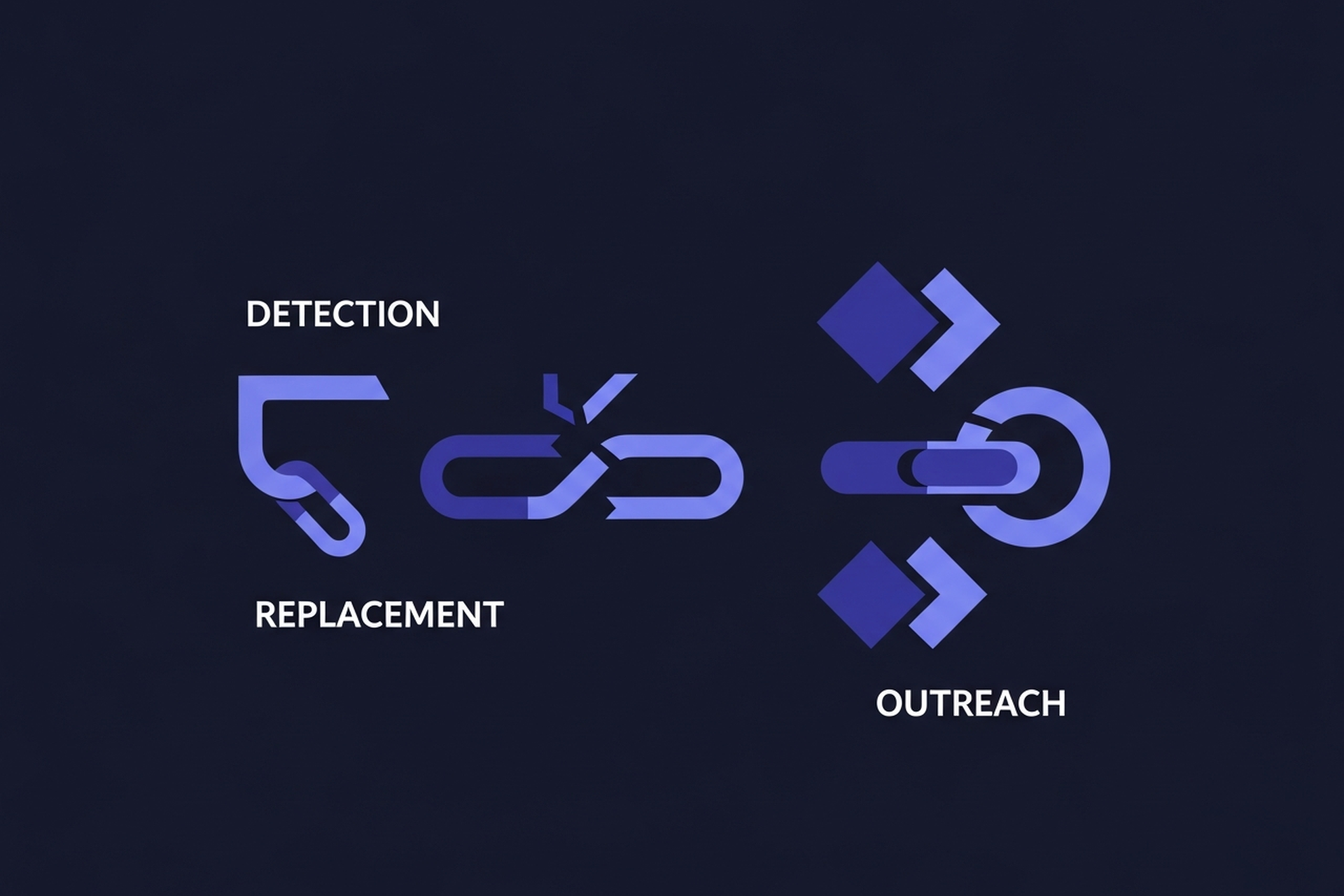 Abstract geometric broken link detection and replacement outreach icons in indigo and periwinkle blue on a dark navy background