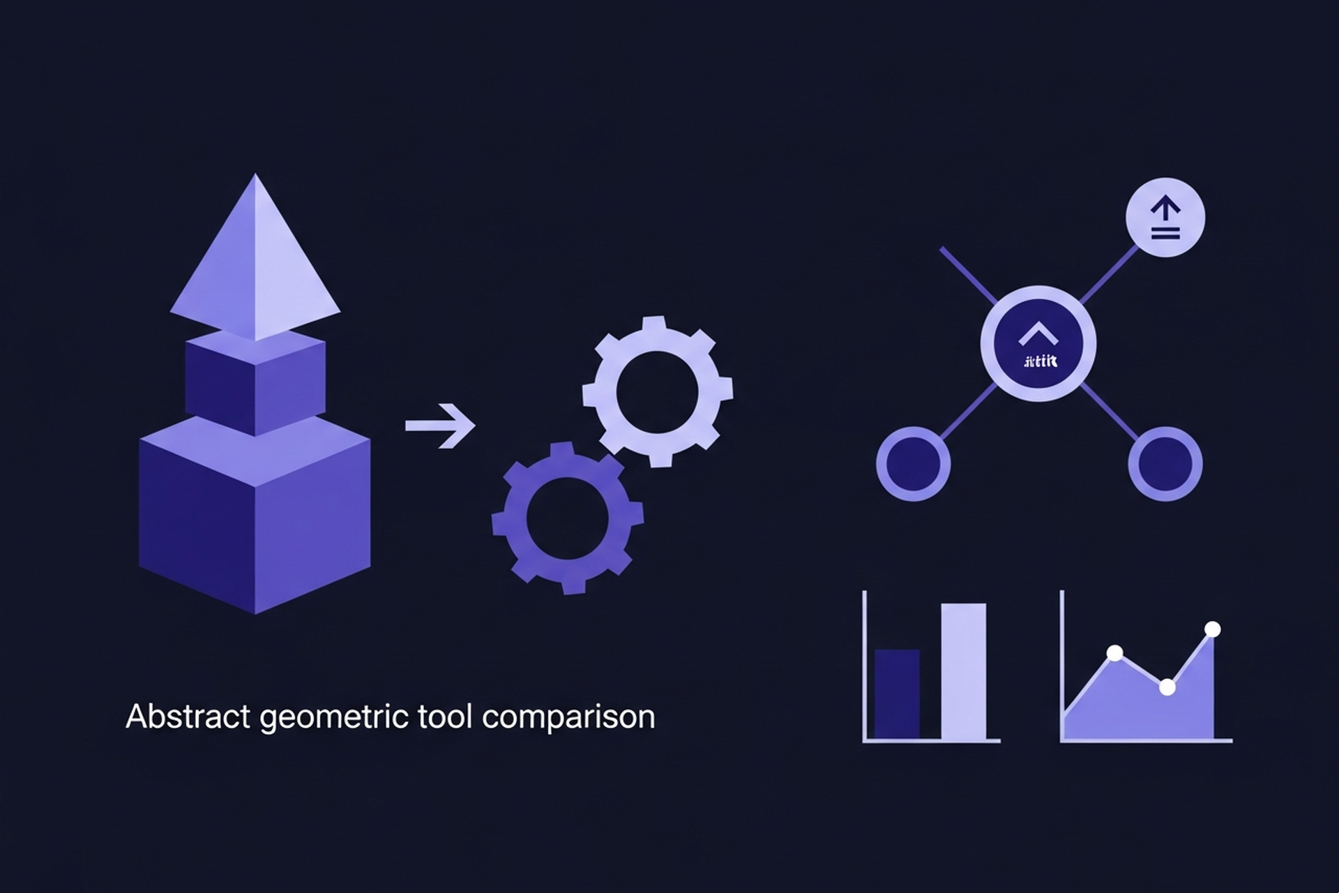 Abstract geometric tool comparison and internal link audit dashboard icons in indigo and periwinkle blue on a dark navy background
