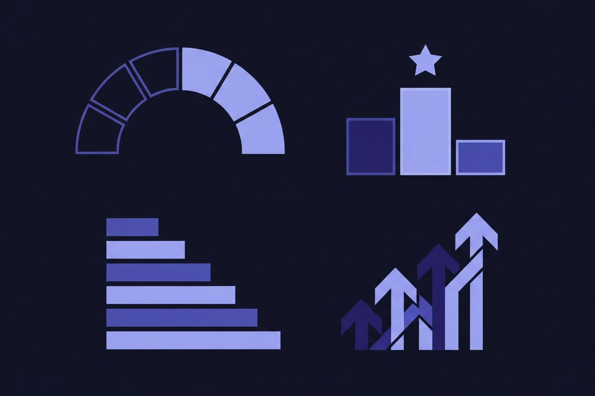 Abstract geometric difficulty gauge and ranking competition icons in indigo and periwinkle blue on a dark navy background