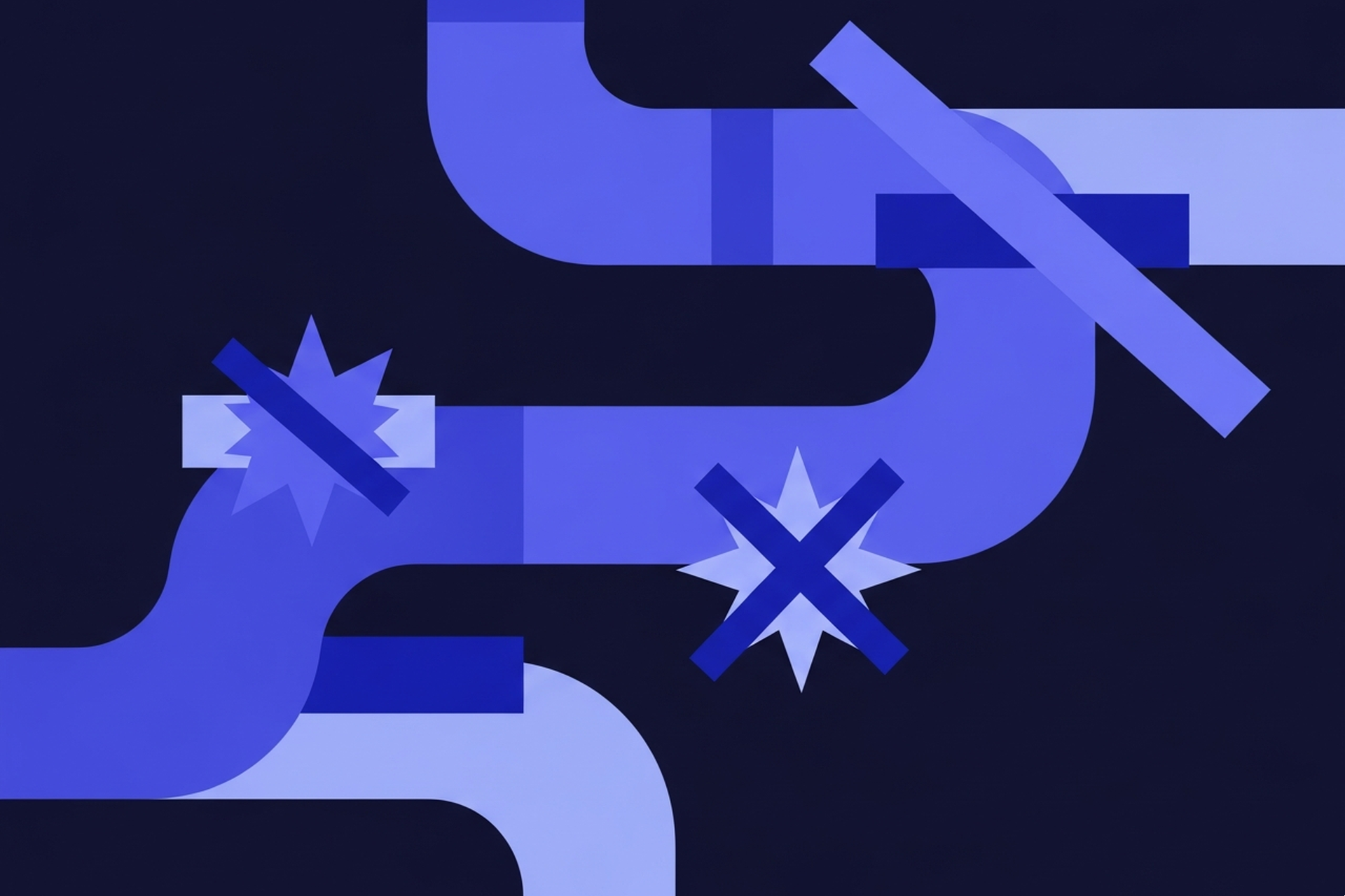 Abstract geometric crawler path and restriction gate icons in indigo and periwinkle blue on a dark navy background