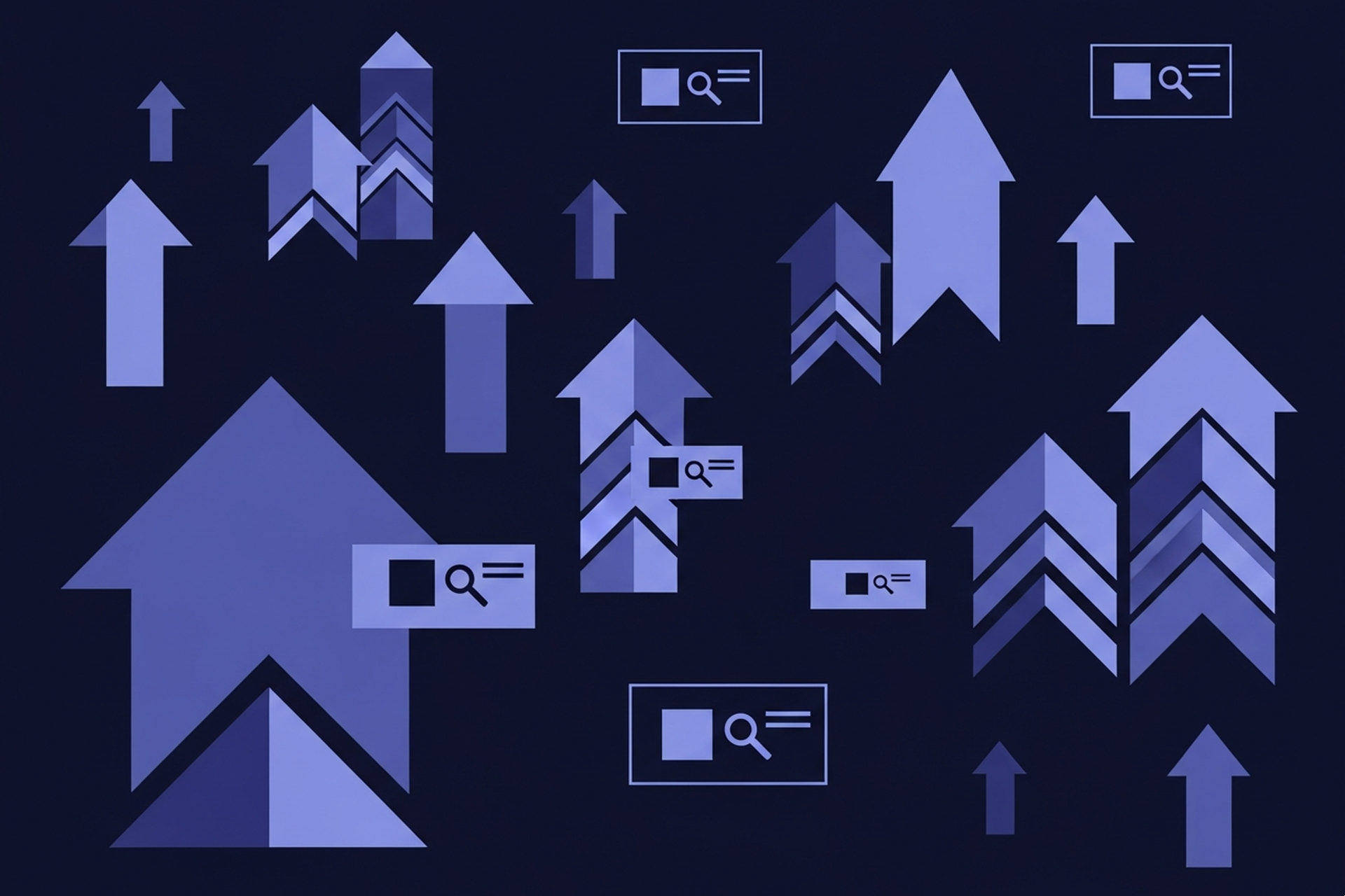 Abstract geometric upward arrows and search result icons in indigo and periwinkle blue on a dark navy background