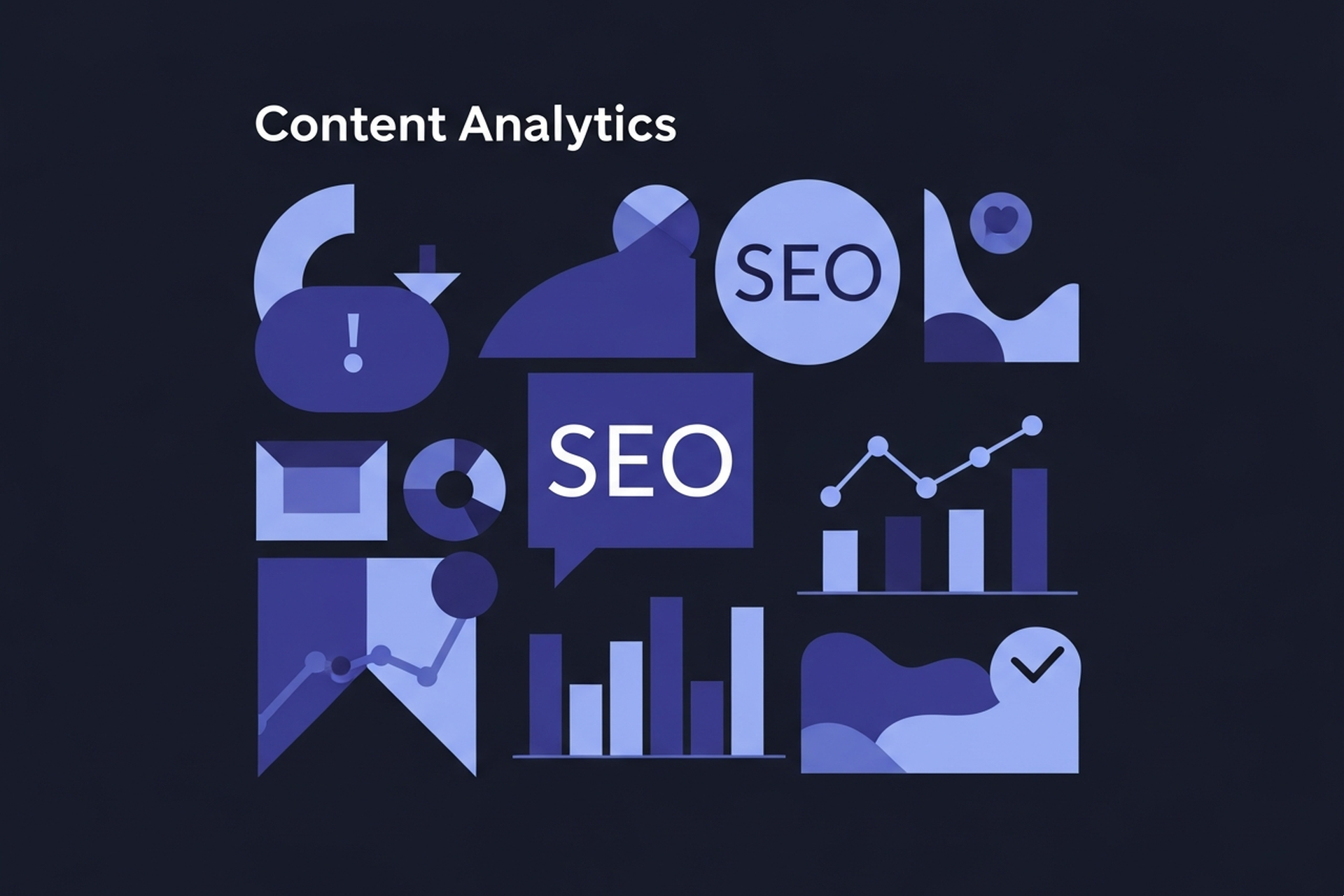 Abstract geometric dashboard and chart icons in indigo and periwinkle blue on a dark navy background representing content analytics