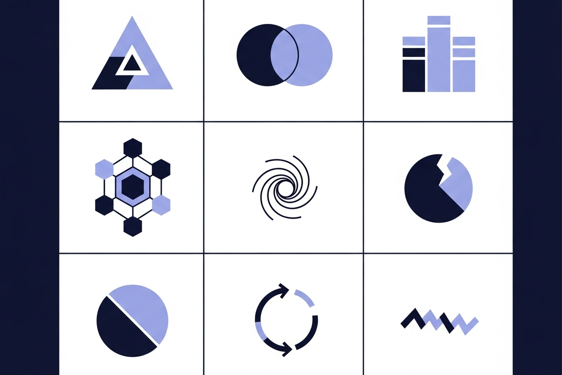 Seven abstract geometric shapes arranged in a structured grid on a dark navy background representing different content strategy frameworks