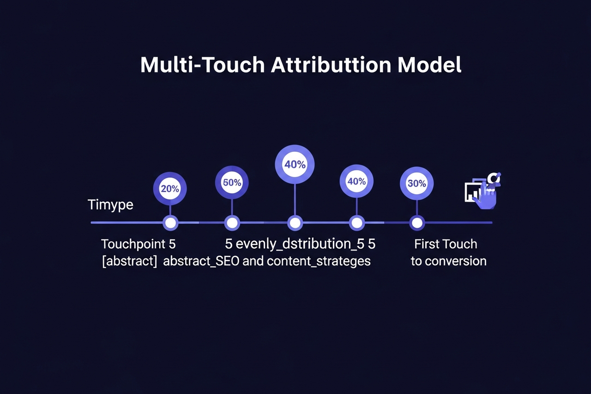 Multi-touch attribution model diagram showing a buyer journey timeline with credit percentage icons distributed across five touchpoints from first touch to conversion