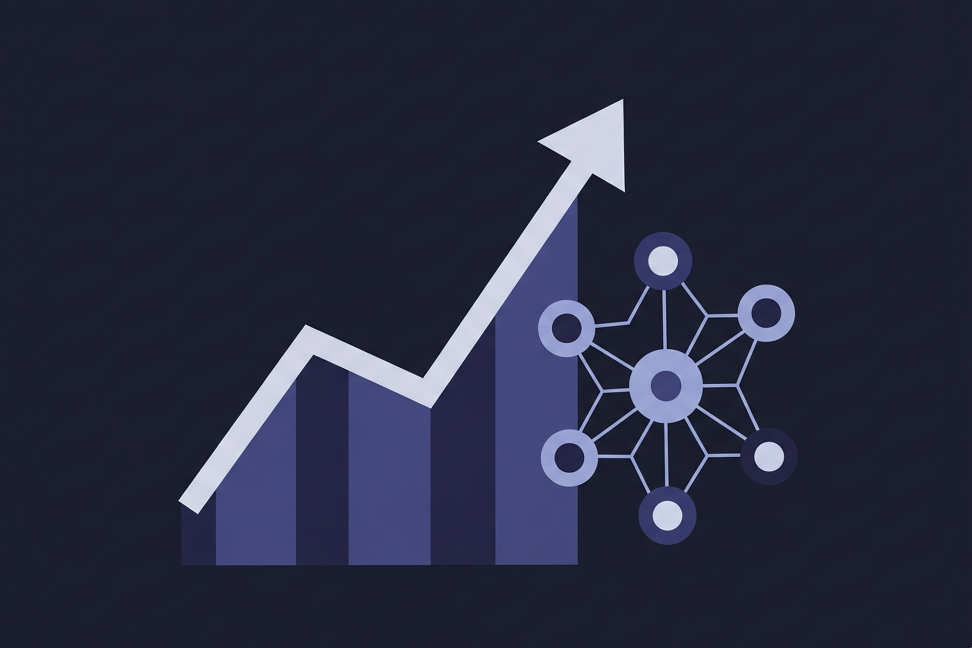 Flat design illustration of a rising traffic graph alongside a content cluster diagram with connected topic nodes