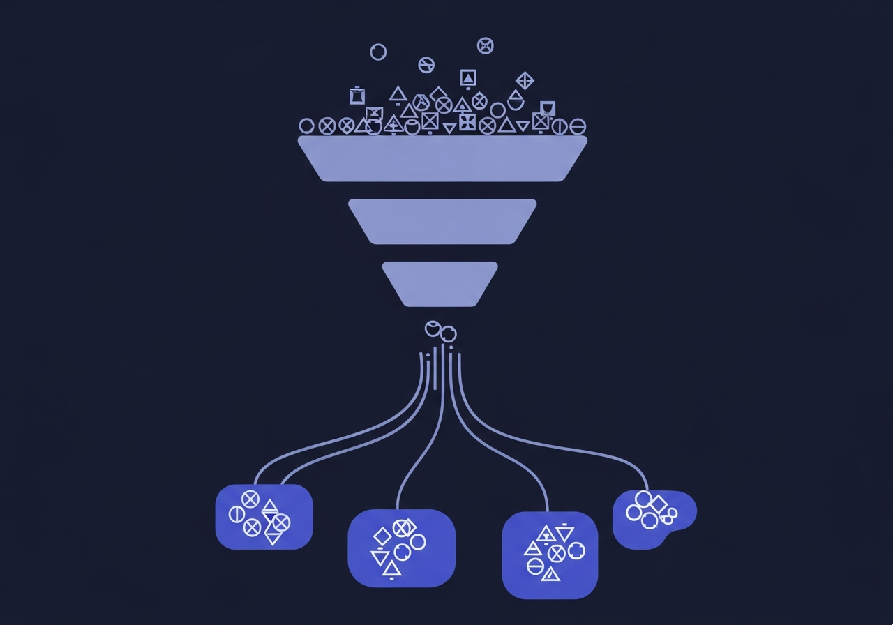 Abstract geometric keyword map and search intent classification icons in indigo and periwinkle blue on a dark navy background