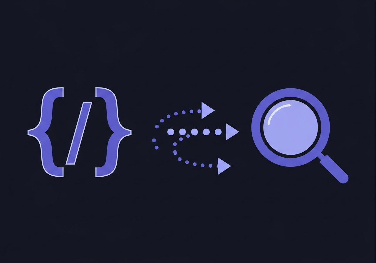 Abstract geometric code bracket and search crawl path icons in indigo and periwinkle blue on a dark navy background