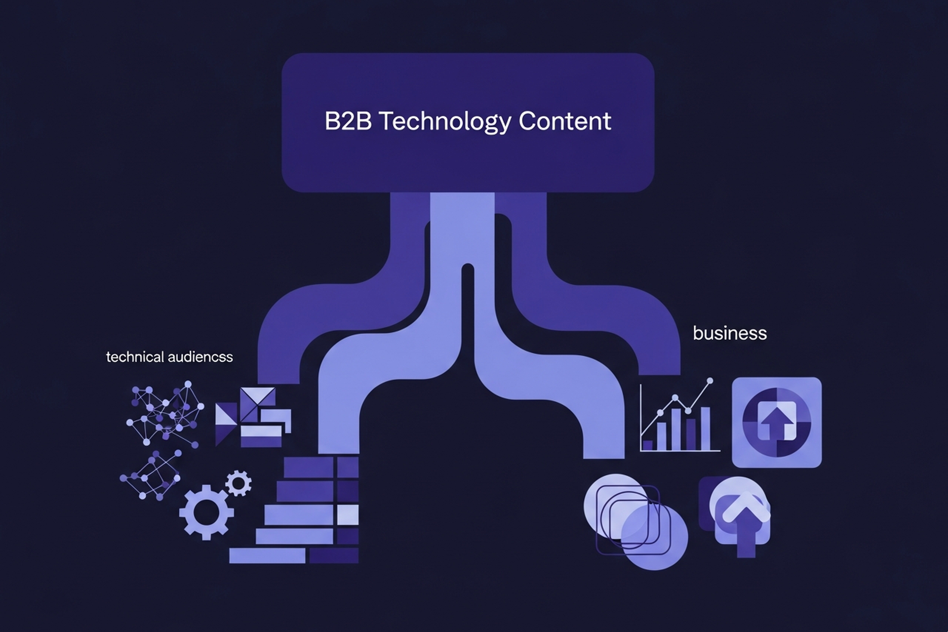Diagram showing how B2B technology content maps to technical and non-technical audiences across the buyer journey