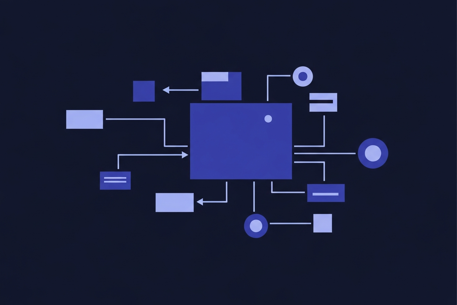 Abstract geometric content silo and topic cluster structure icons in indigo and periwinkle blue on a dark navy background