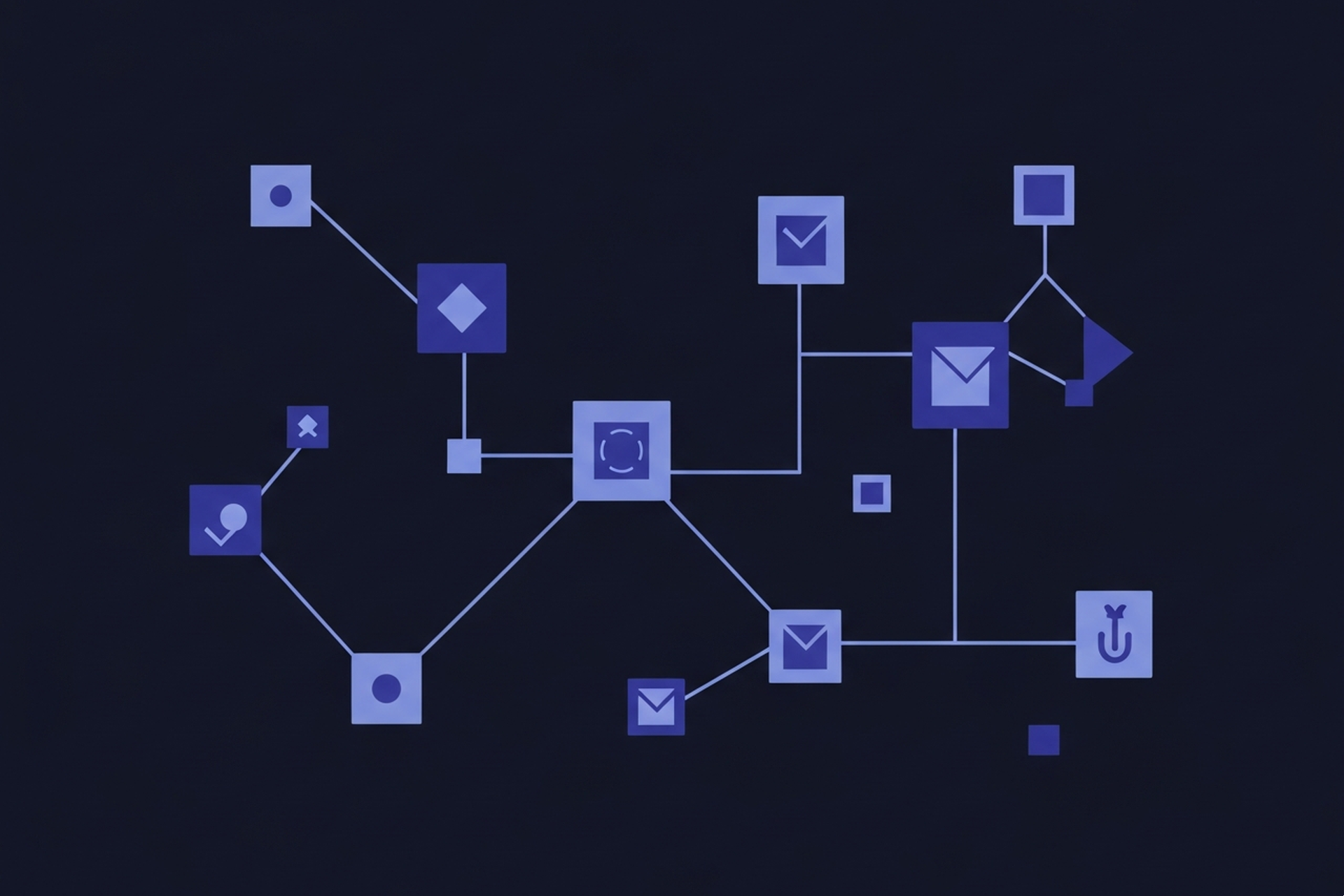 Abstract geometric internal link network and topic cluster map icons in indigo and periwinkle blue on a dark navy background