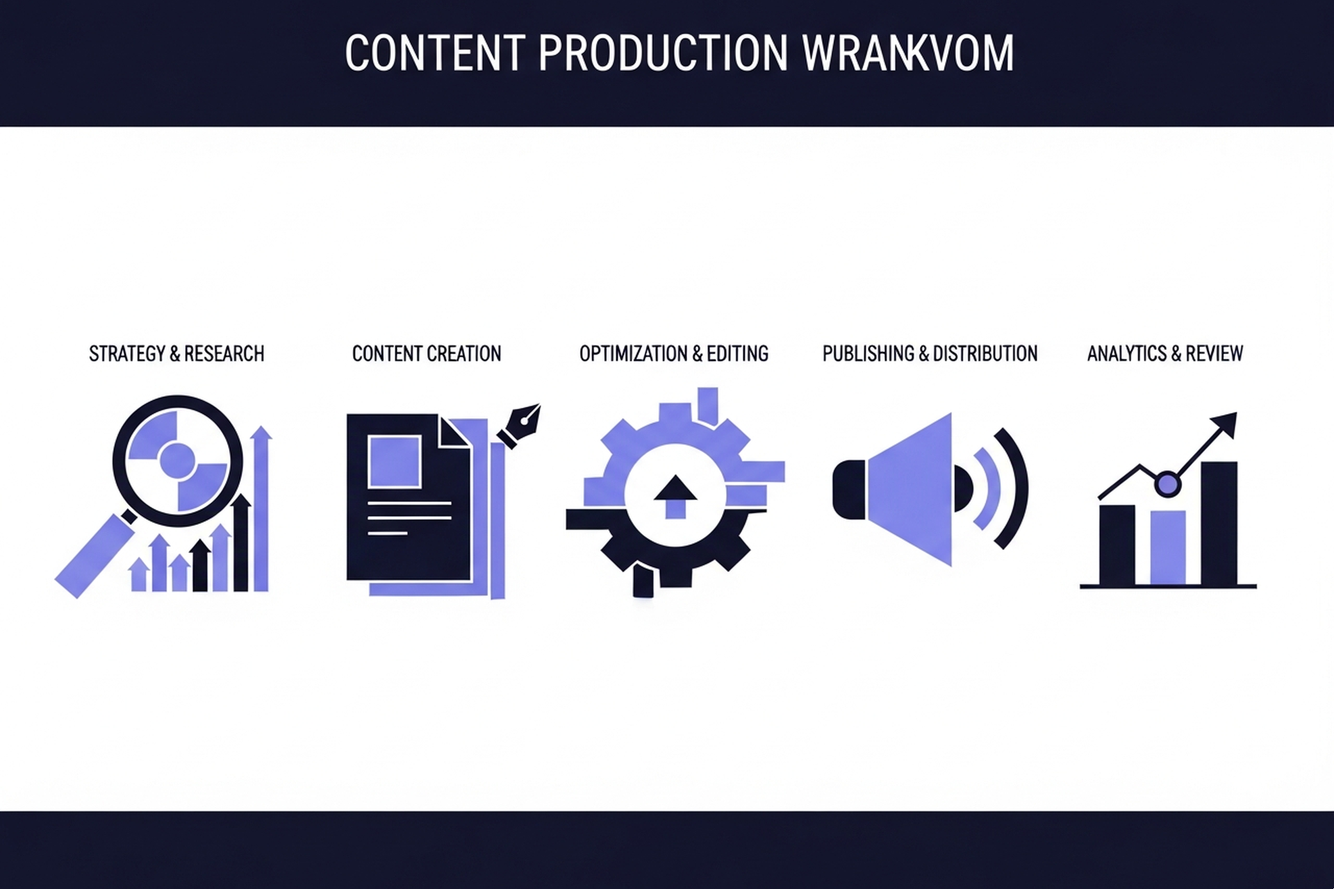 A visual pipeline showing five stages of a content production workflow from research to distribution