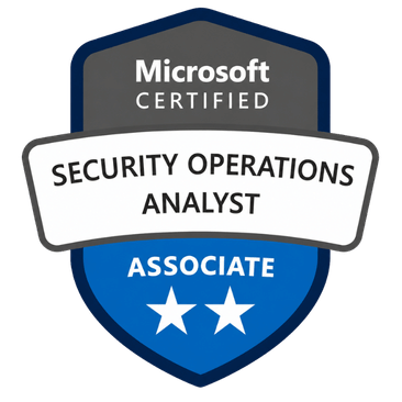 Microsoft Certified Security Operations Analyst Associate badge with two white stars.