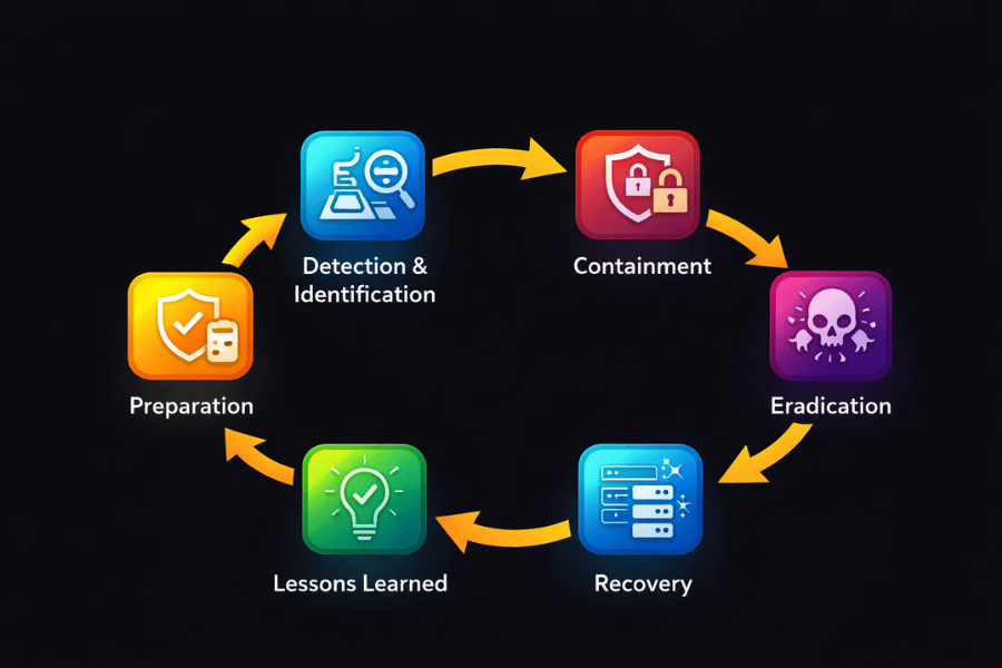 Circular incident response lifecycle diagram on a dark background, showing six stages: Preparation, Detection and Identification, Containment, Eradication, Recovery, and Lessons Learned, connected by directional arrows to illustrate a continuous response cycle.