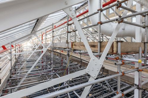 Scaffold providing access to deluge system.