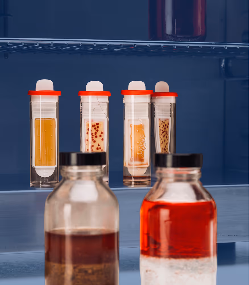 Monsterflesjes met vloeistoffen in de Nobel controle ruimte