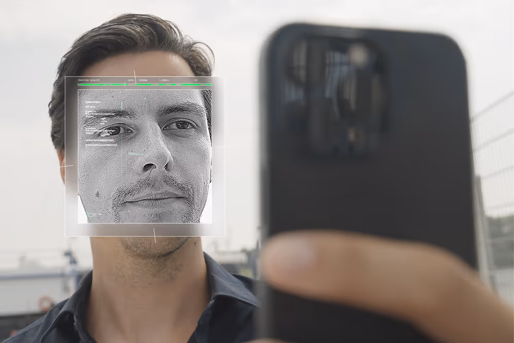 Bezoeker op de ISPS-kade van Nobel scant zijn gezicht voor QR-code
