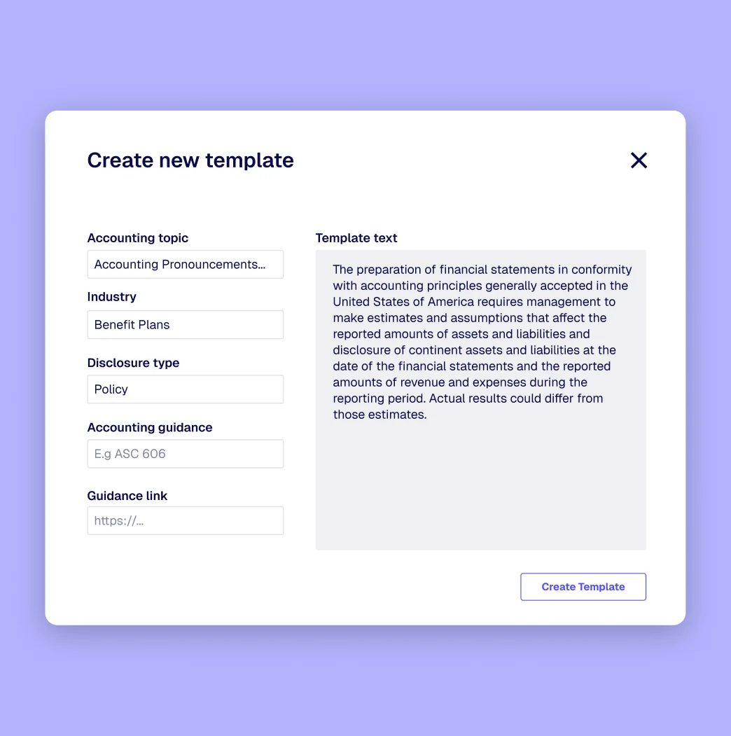 Inscope disclosure library dialog for a new template with accounting topic, industry, disclosure type and template text.