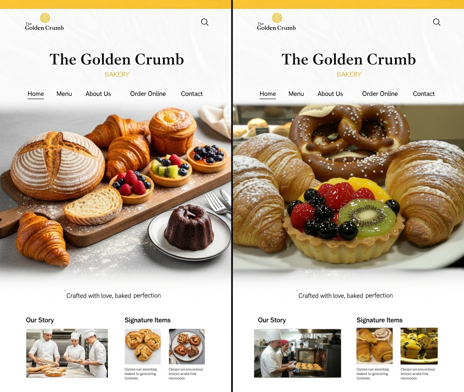 Side-by-side comparison of a website with good photos and a website with poor photos but same design structure.