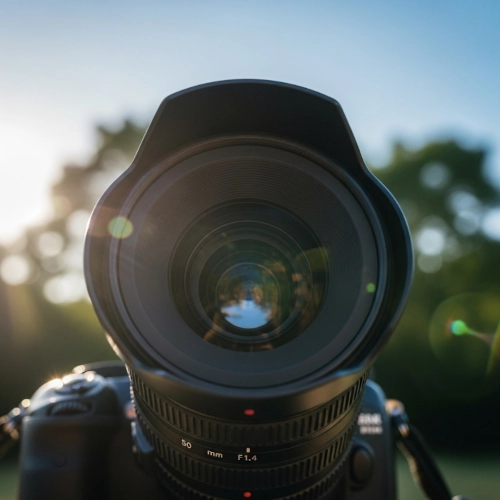 Close-up of a camera lens with sun flare and blurry green trees in the background.