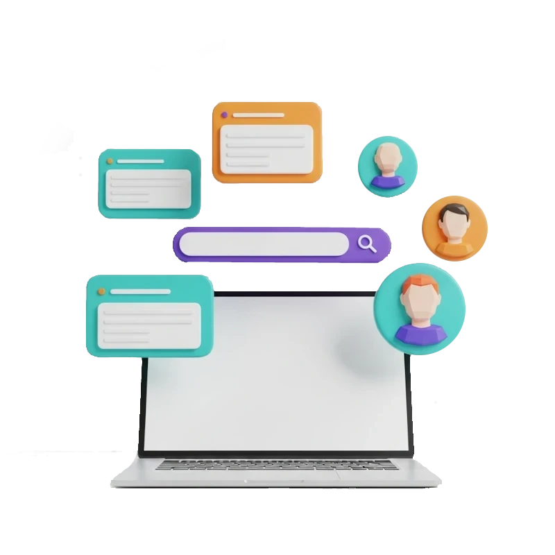 Two figures sit at a table and discuss website design ideas.