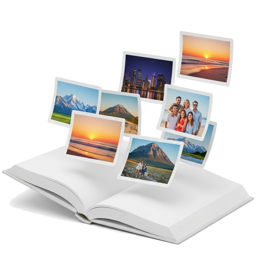 Open blank photo album with floating pictures of mountains, sunset beach, city skyline at night, and a group of smiling people symbolizing how you should have a portfolio to show your potential clients.