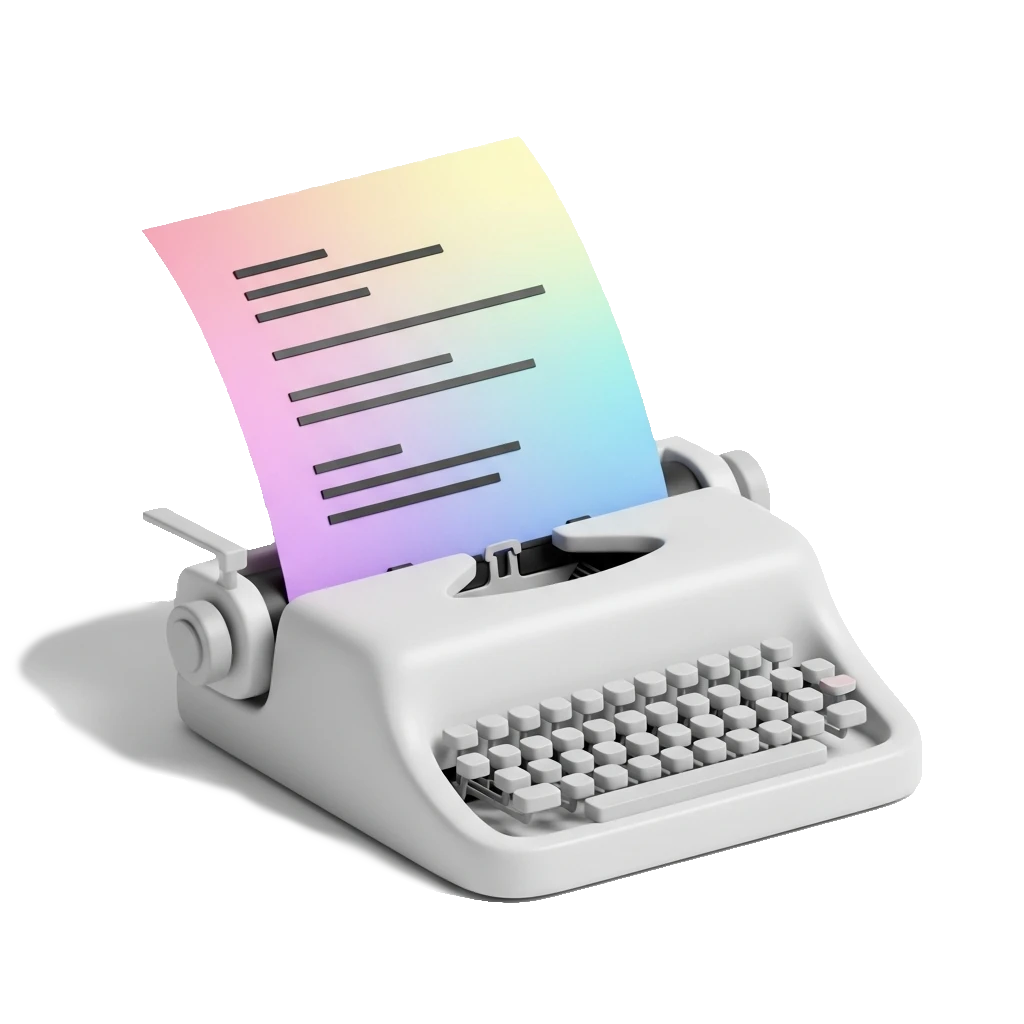 White vintage typewriter with a sheet of paper displaying black lines on a pastel gradient background symbolizing written content on your website like blogs can greatly help with reaching customers.