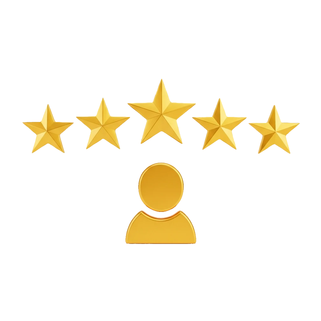 Golden user icon beneath a row of five gold stars representing a five-star rating which is great social proof for your business.