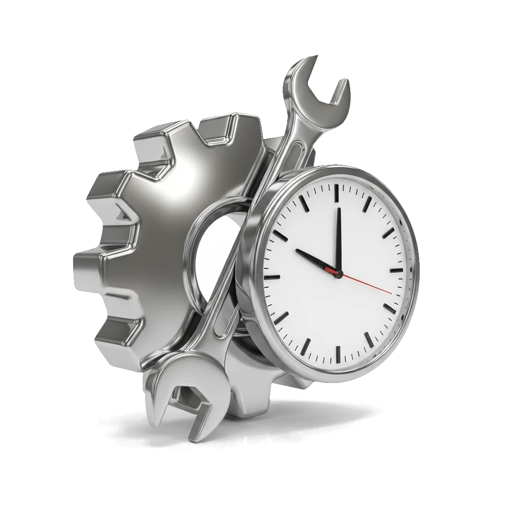 Silver gear, wrench, and clock symbolizing time management tools. Make the most of your time by utilizing Gabriel's web design services.
