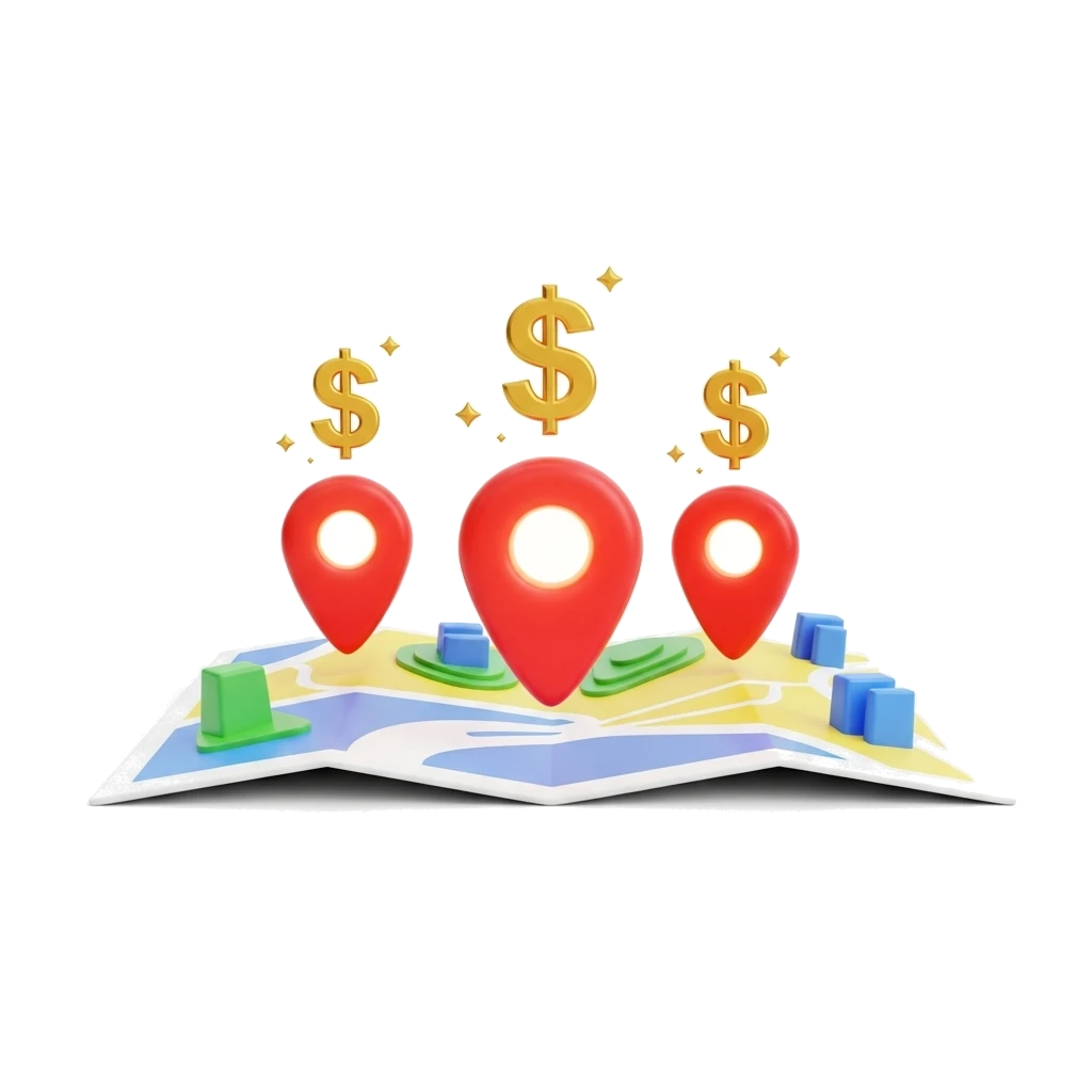 3D map with three red location pins topped by gold dollar signs, symbolizing valuable or profitable locations through the services of Websites by Gabriel