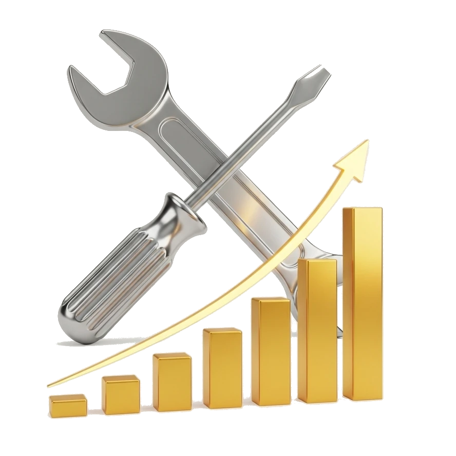 Silver wrench and screwdriver crossed behind a gold ascending bar chart with an upward arrow, symbolizing help with Website maintenance services to grow your business reach.