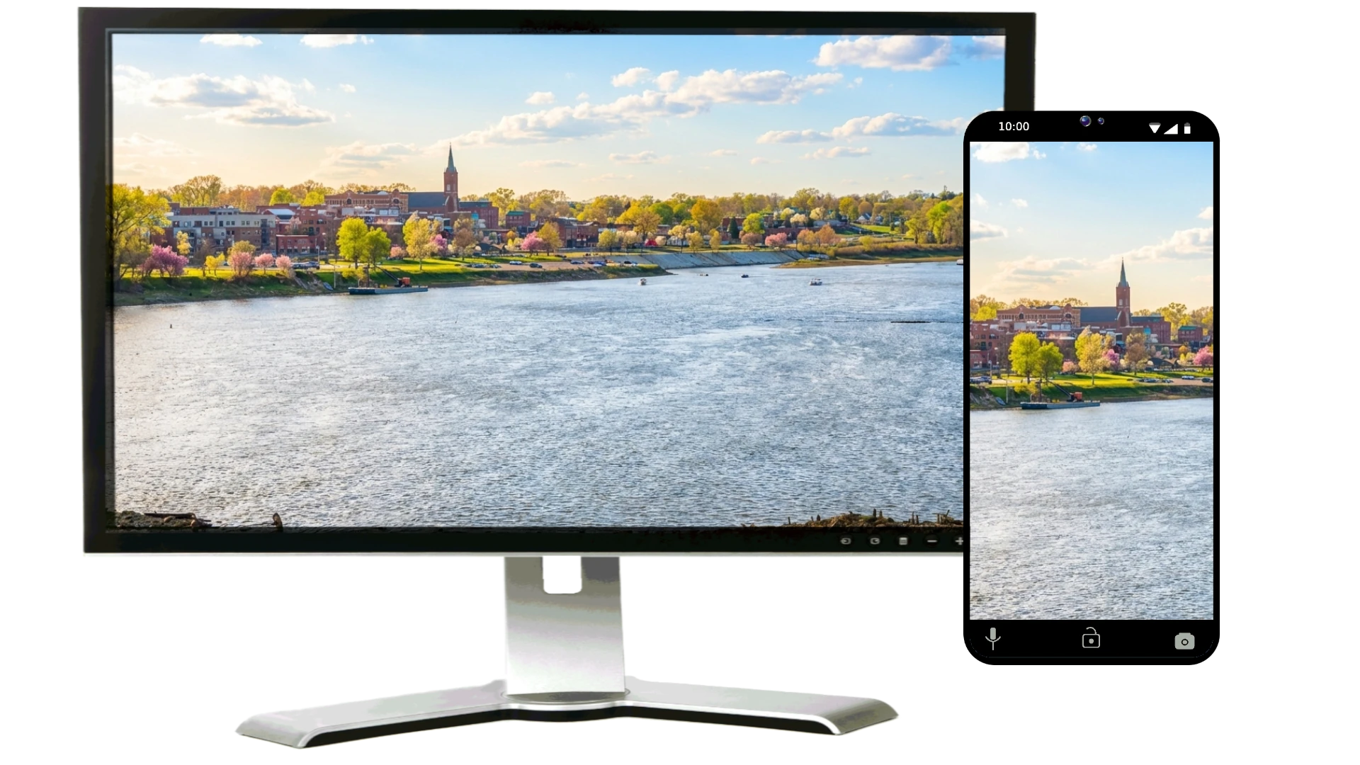 Washington Missouri viewed from over the river and displayed on a computer monitor and a smartphone screen.