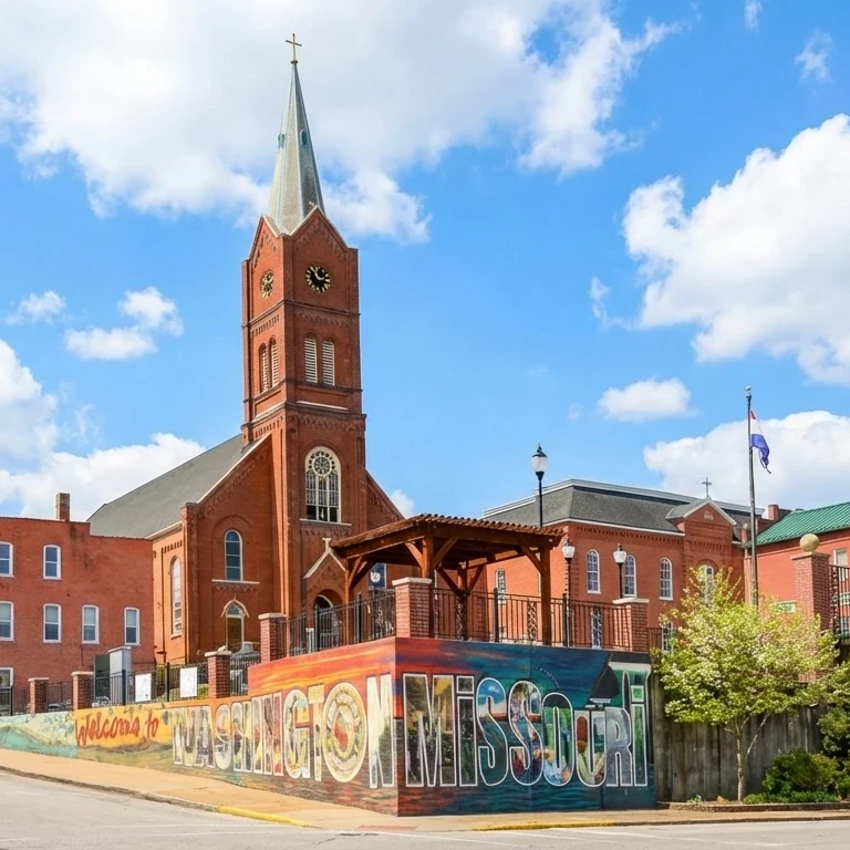 "Welcome to Washington Missouri" sign in front of a St Francis Borgia Church and farmer's market.