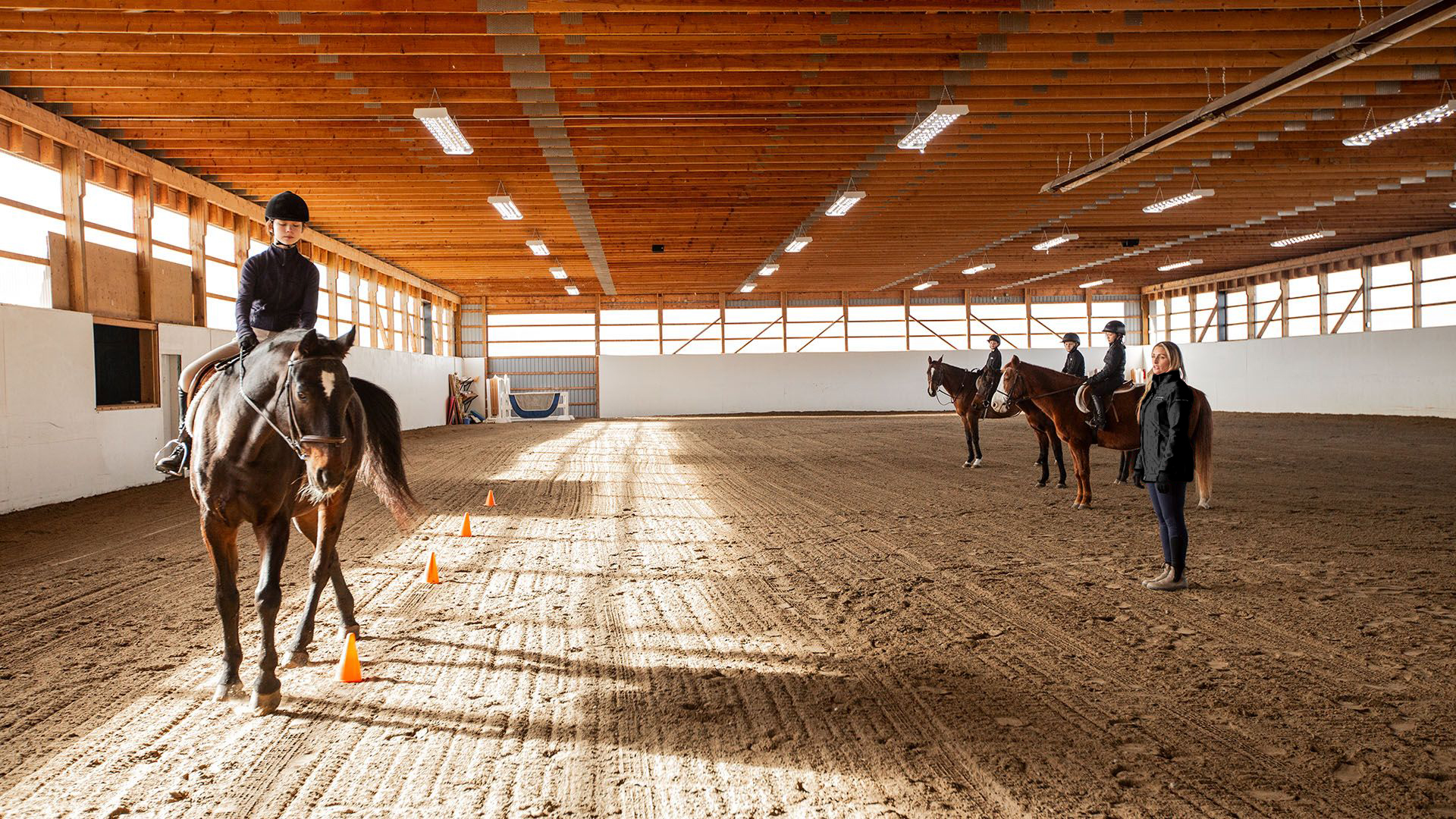 flat horse riding class in an inside ring