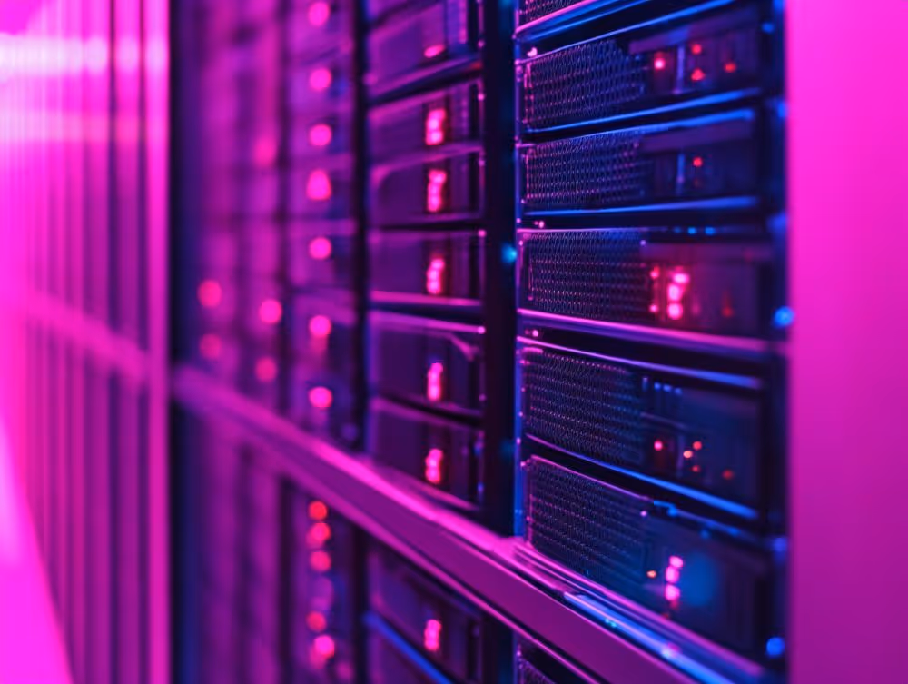 Data storage servers illuminated by pink light