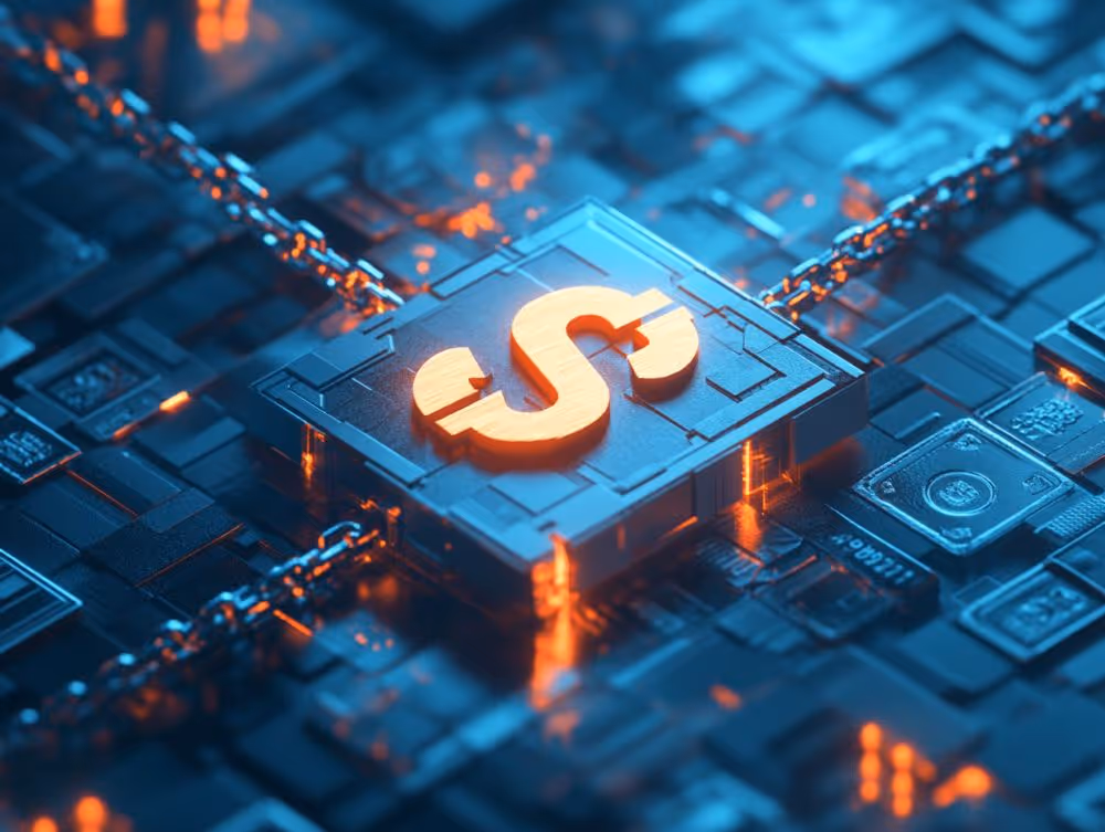 Dollar sign on tech platform with chains