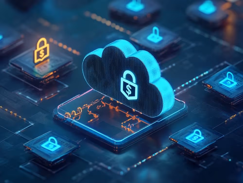 Central glowing cloud with a lock and dollar sign