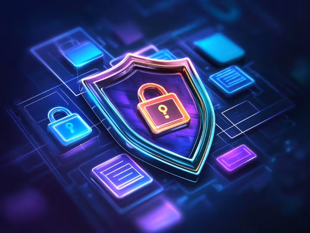 Purple shield with orange padlock, surrounded by data icons