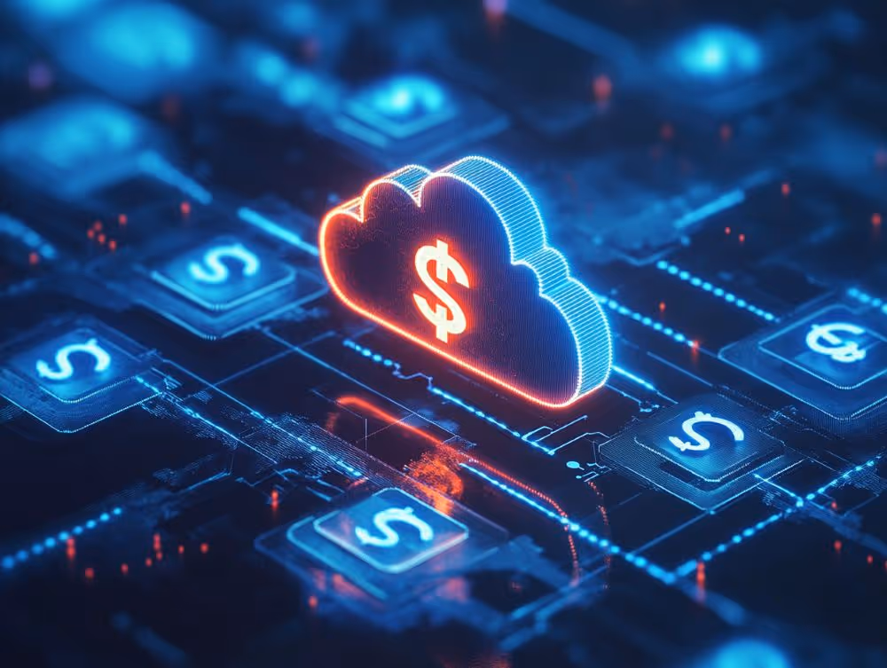 Red glowing cloud with dollar sign on circuit board