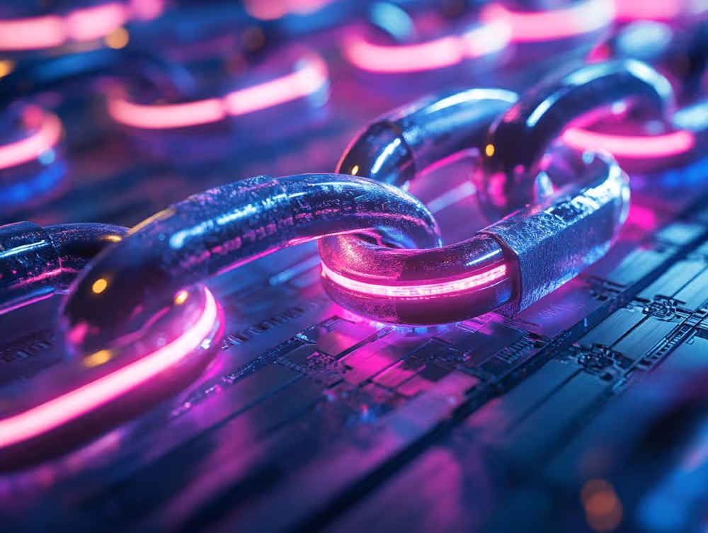 Glowing chain links on a circuit board, symbolizing secure connections